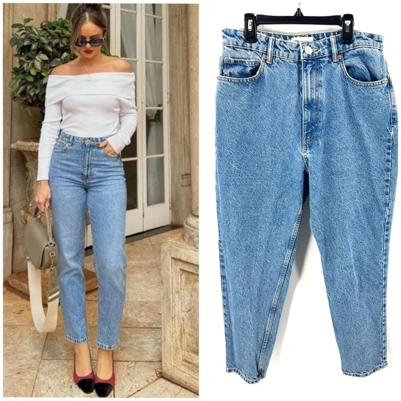 Zara Womens High Rise Mom Jeans Size 10 Blue Wash Ankle Rigid Denim - Picture 1 of 8